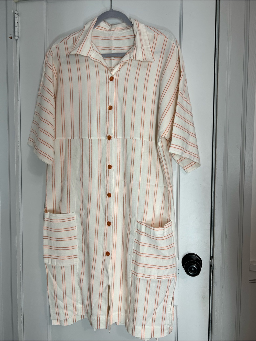 Striped Cream and Peach Button-Front Midi Dress